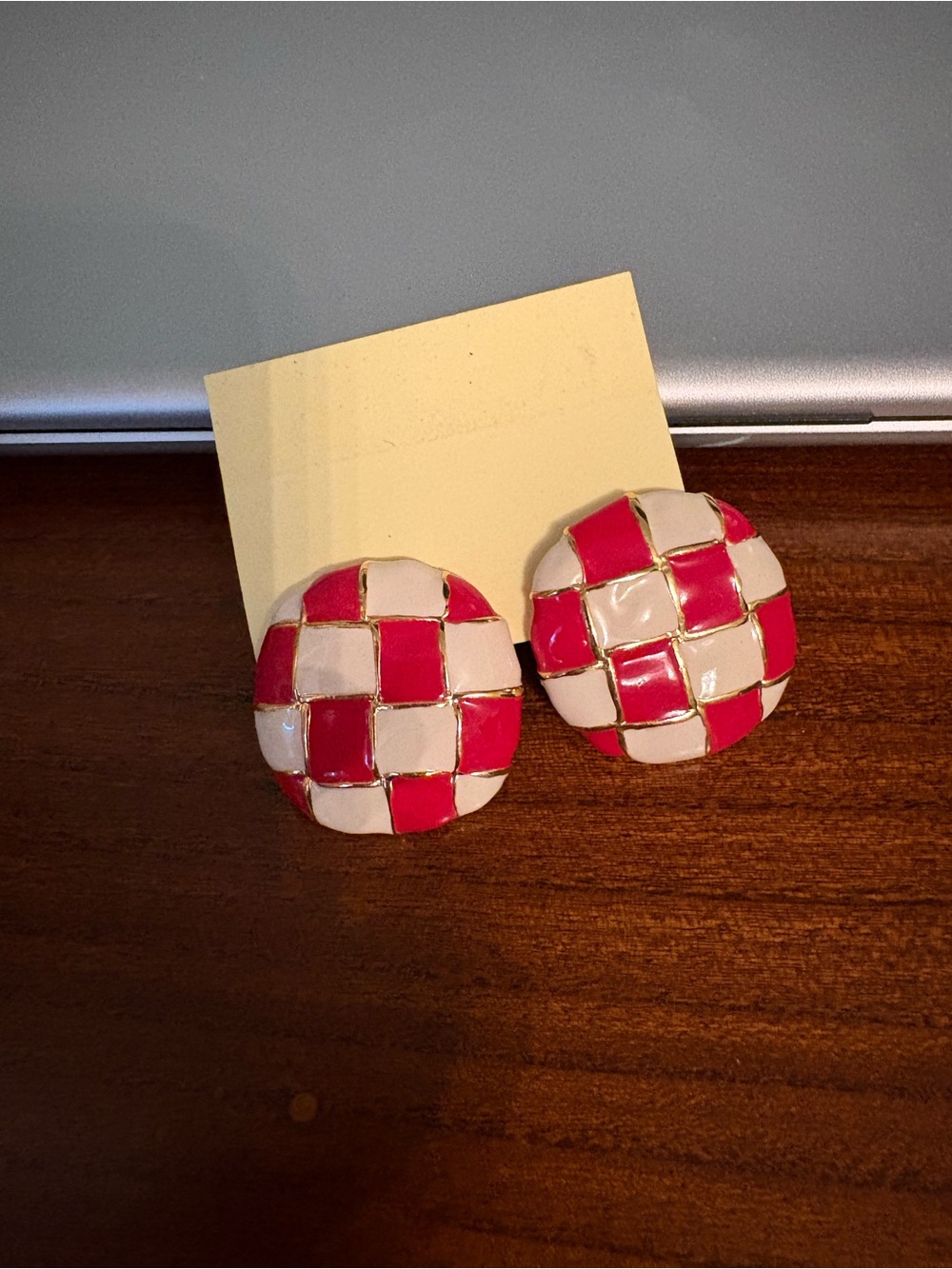 Round Checkerboard Red & White Enamel Earrings